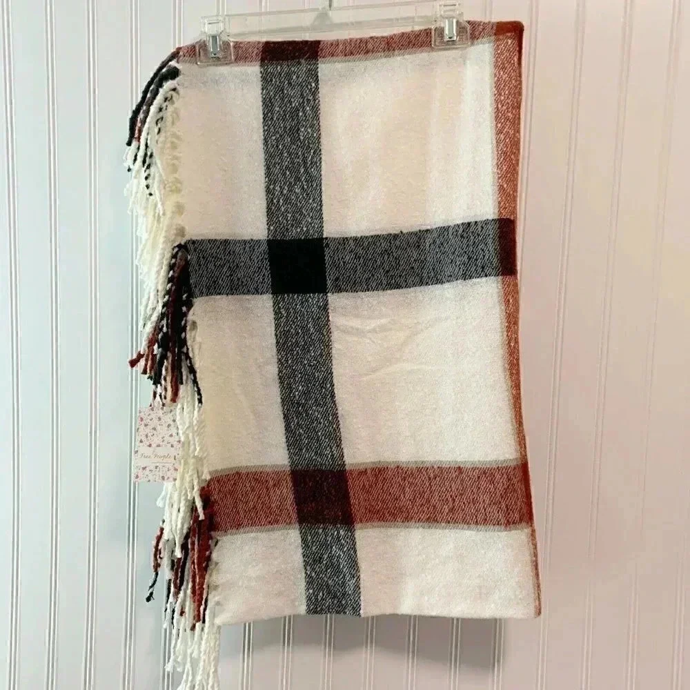 Free People  Ivory Valley Plaid Fringe Scarf New!